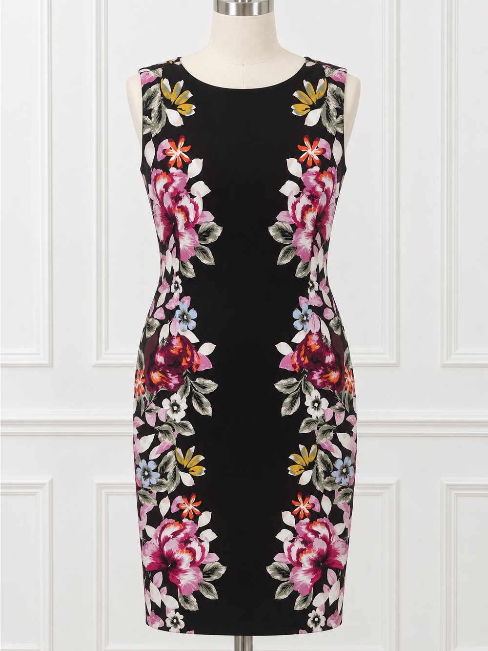 White House Black Market Sz L Black Floral Sheath Dress